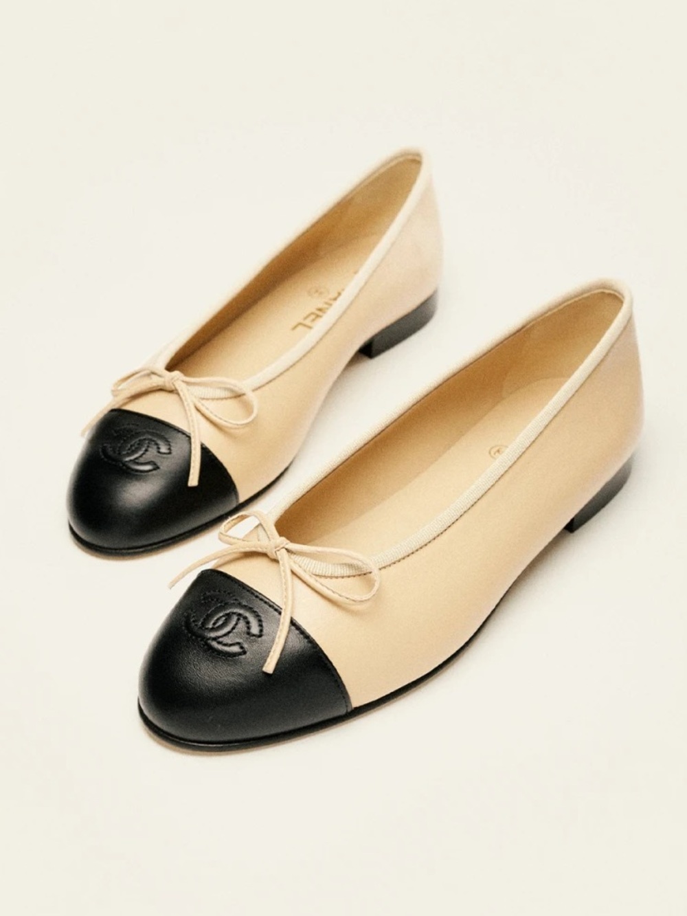 CHANEL Beige and Black CC Cap Toe Ballet Flat 38.5